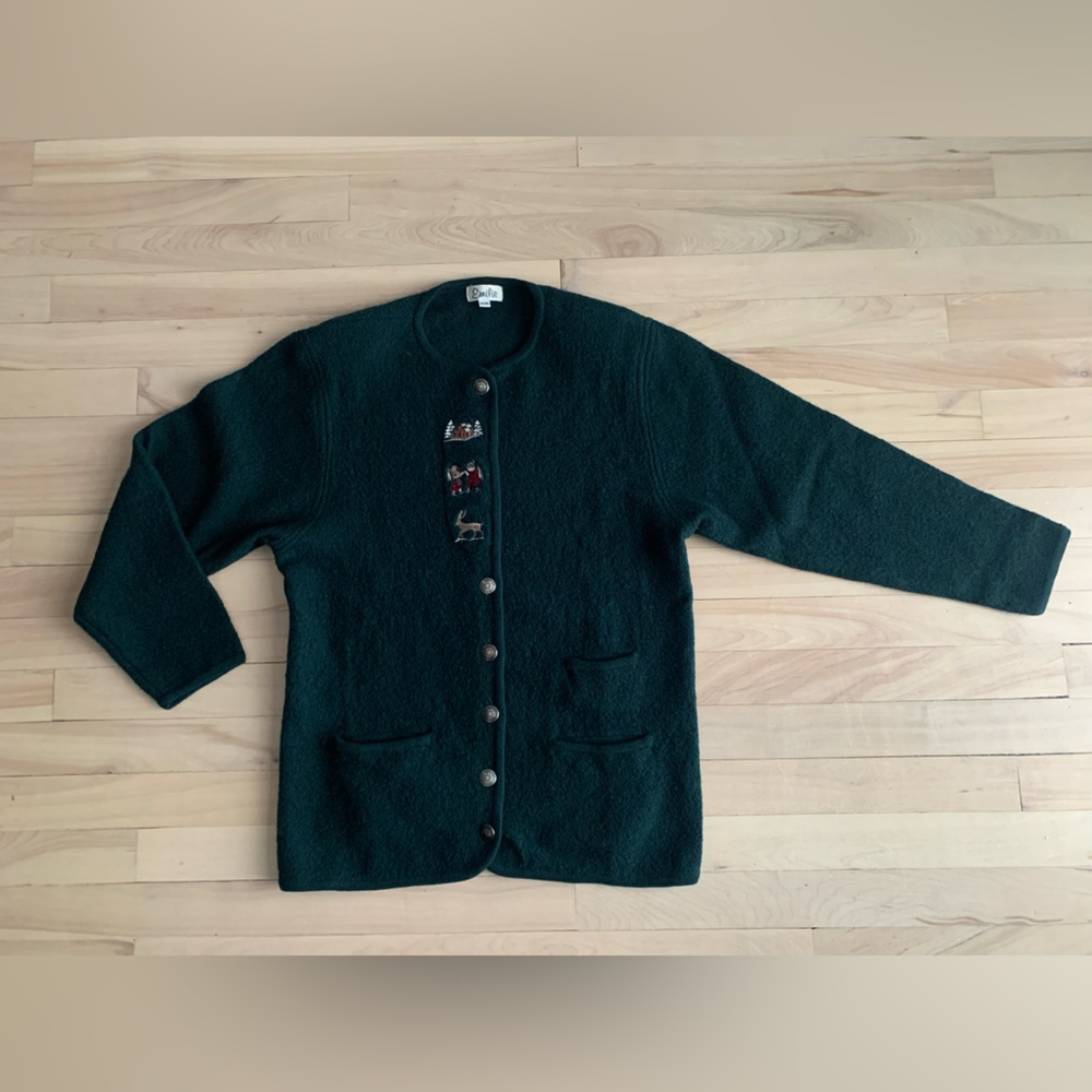 VINTAGE – Dark Green Alpine Embroidered Wool Cardigan - Picture 3 of 11